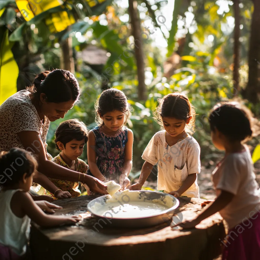 Family gathering outdoors with children learning to make butter from an elder in natural surroundings - Image 4