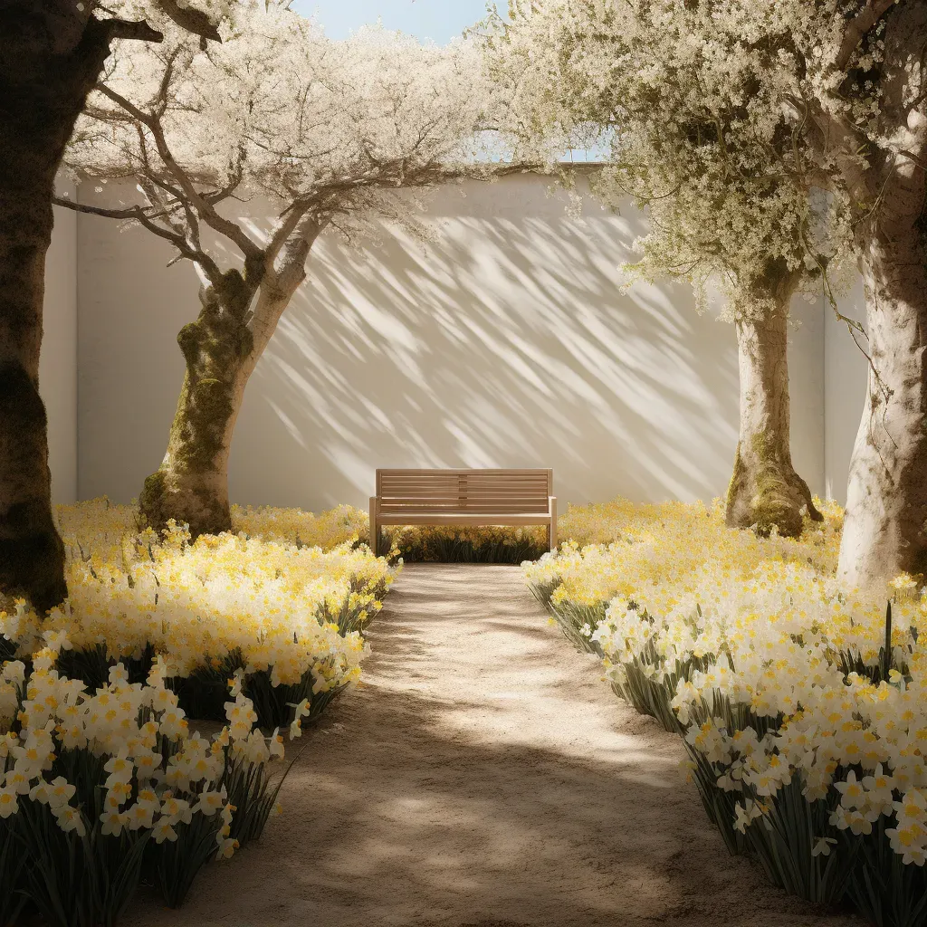 Image of a spring garden with blossoming trees and daffodils - Image 1