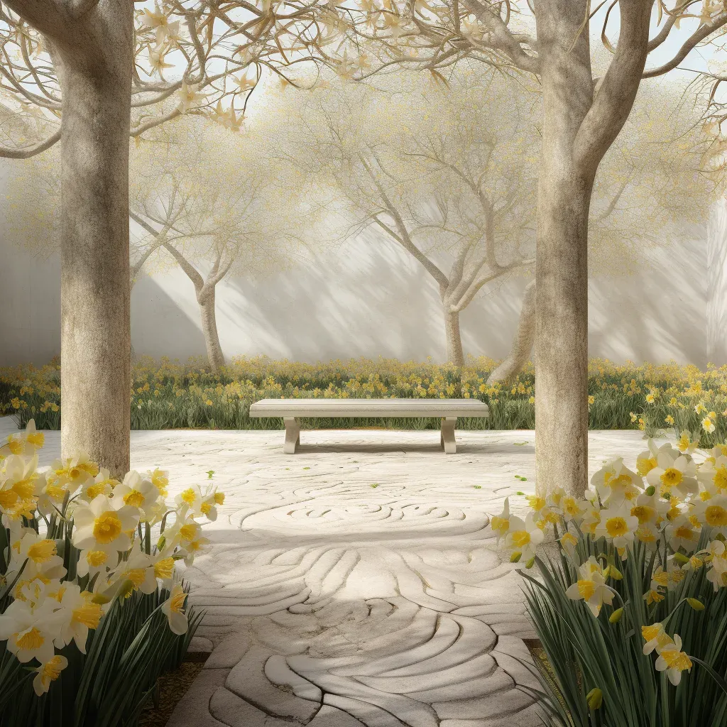 Image of a spring garden with blossoming trees and daffodils - Image 3