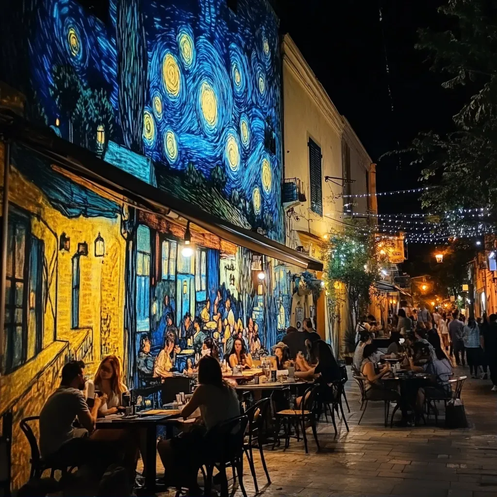 Vibrant night café scene, the mood enhanced by glow-in-the-dark murals on its walls - Image 1