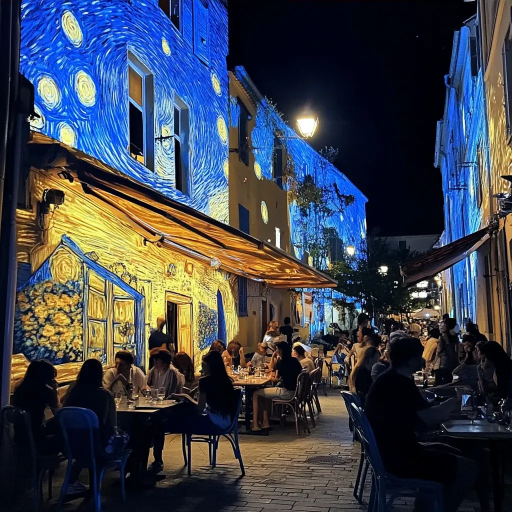 Vibrant night café scene, the mood enhanced by glow-in-the-dark murals on its walls - Image 3