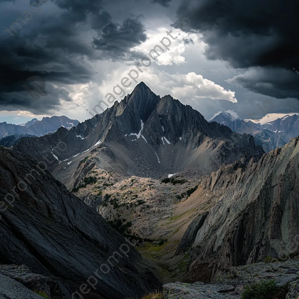 Rocky mountain ridges beneath dark storm clouds - Image 2