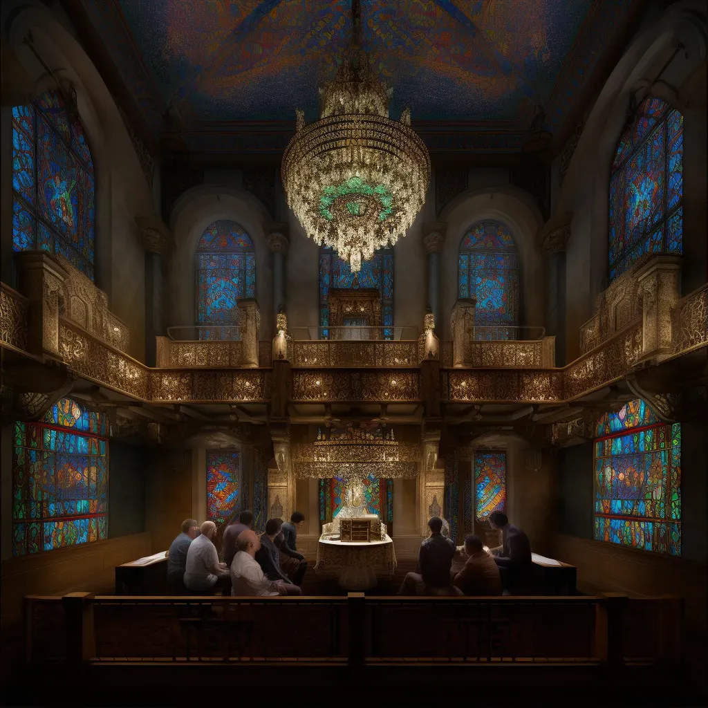 Image of a peaceful synagogue with stained glass windows and worshippers reading from Torah scrolls - Image 1