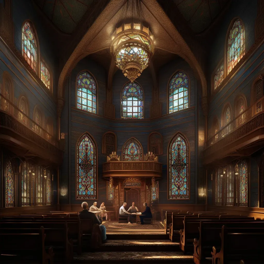 Image of a peaceful synagogue with stained glass windows and worshippers reading from Torah scrolls - Image 2