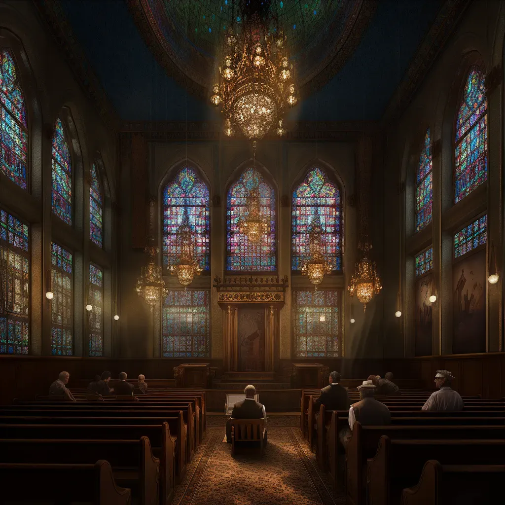 Image of a peaceful synagogue with stained glass windows and worshippers reading from Torah scrolls - Image 3