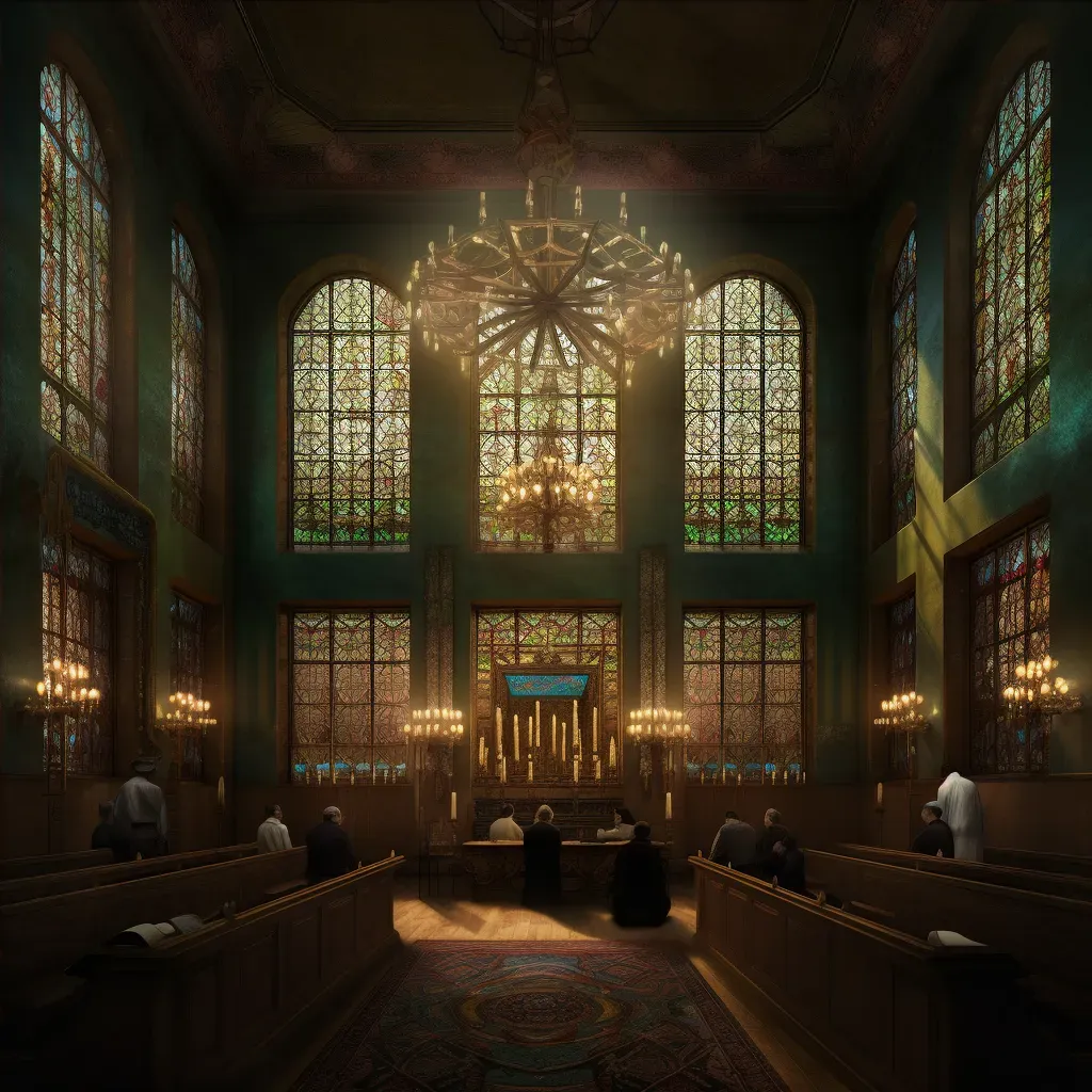 Image of a peaceful synagogue with stained glass windows and worshippers reading from Torah scrolls - Image 4