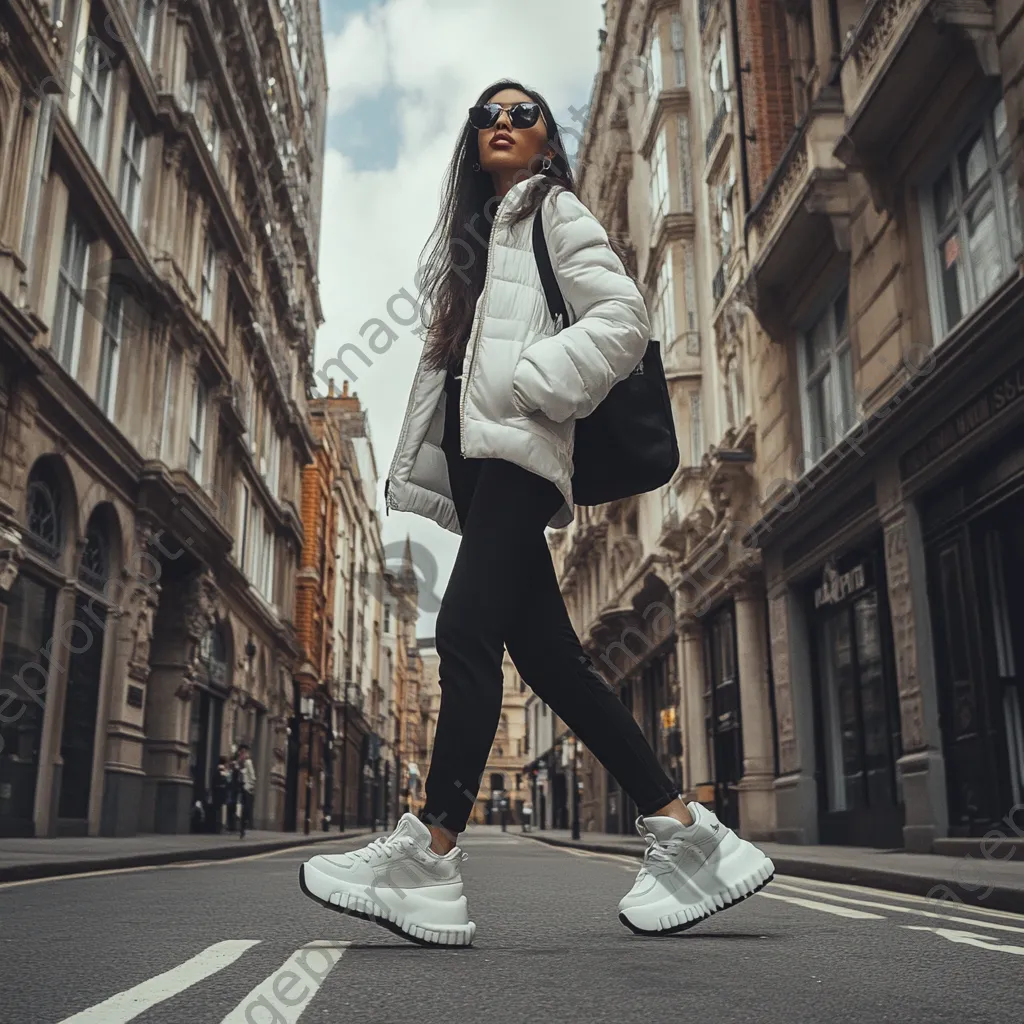 Influencer showcasing designer sneakers on urban street - Image 1