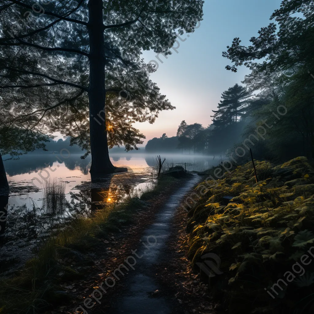 Lakeside trail at dusk surrounded by fog and reflections on calm water. - Image 1