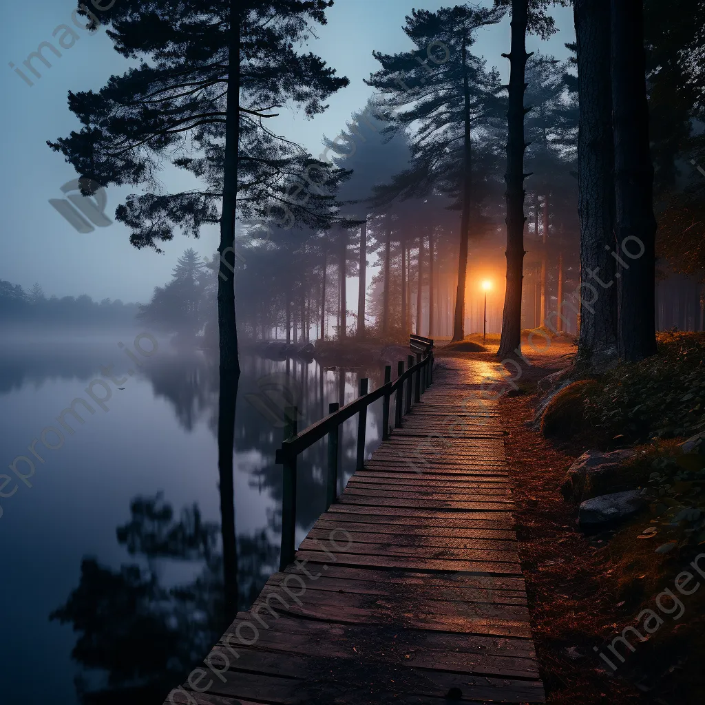 Lakeside trail at dusk surrounded by fog and reflections on calm water. - Image 2