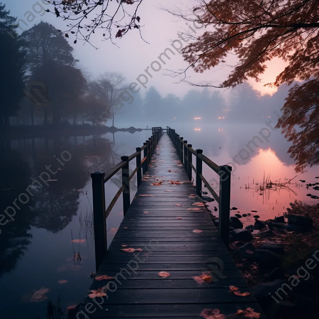 Lakeside trail at dusk surrounded by fog and reflections on calm water. - Image 3