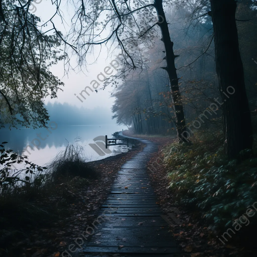 Lakeside trail at dusk surrounded by fog and reflections on calm water. - Image 4