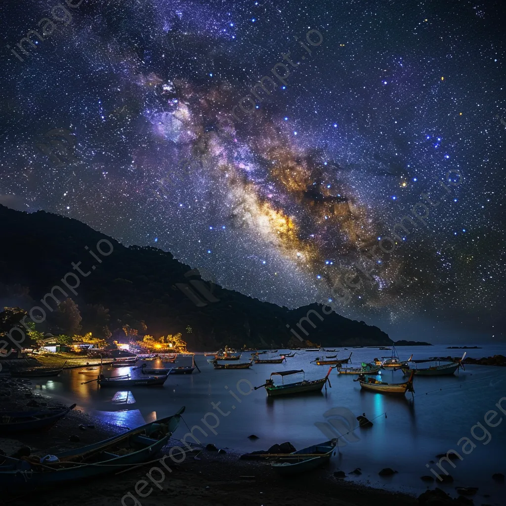 Milky Way over a quiet fishing village at night - Image 1