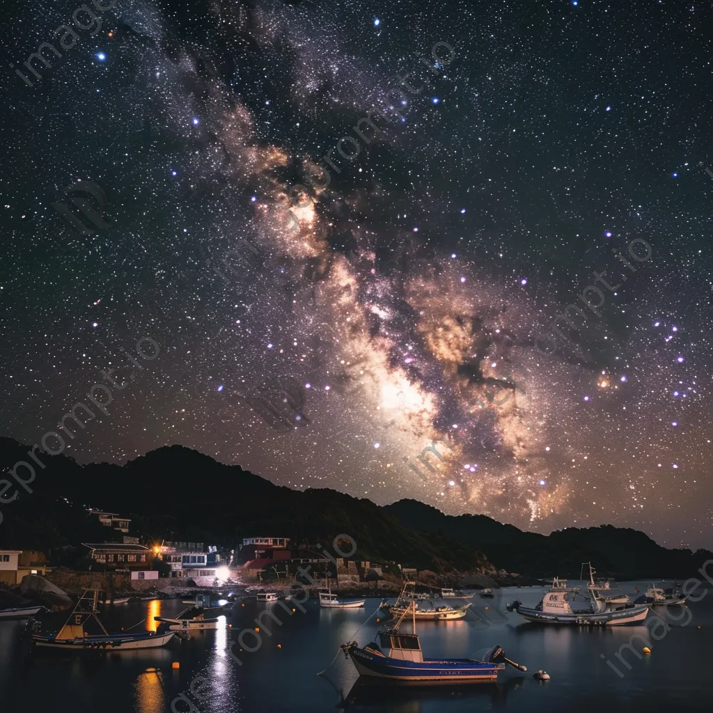 Milky Way over a quiet fishing village at night - Image 2