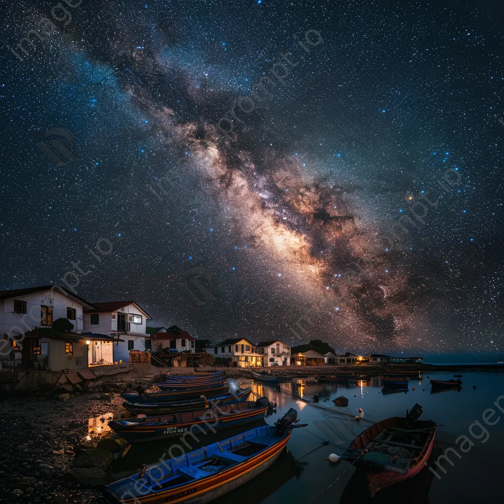 Milky Way over a quiet fishing village at night - Image 3