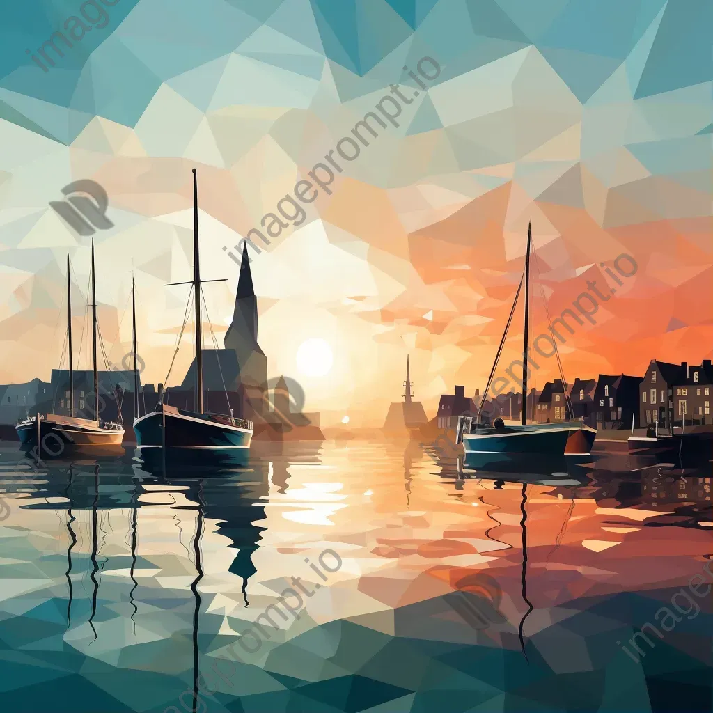 Low poly digital representation of a serene coastal city during dusk - Image 1