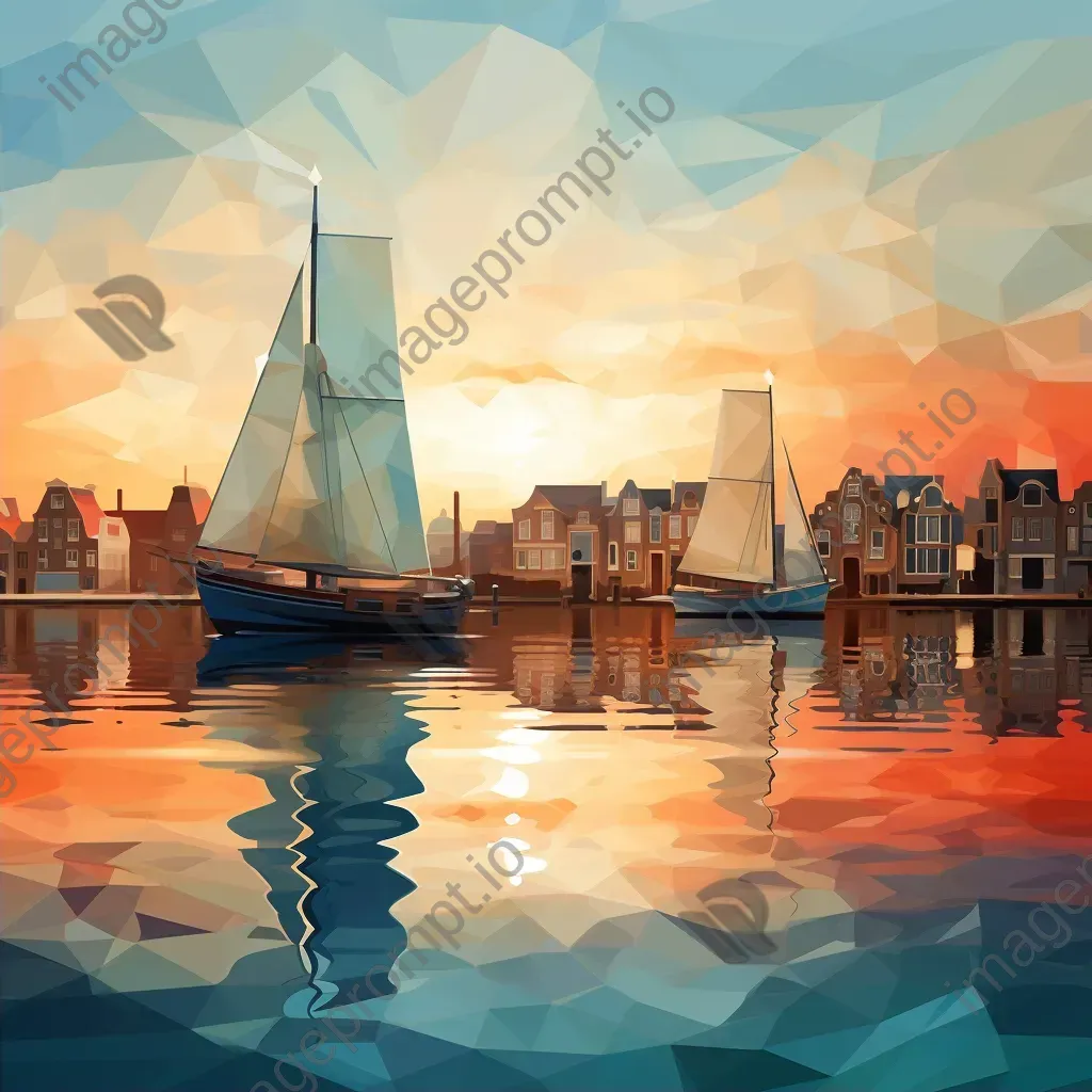 Low poly digital representation of a serene coastal city during dusk - Image 2