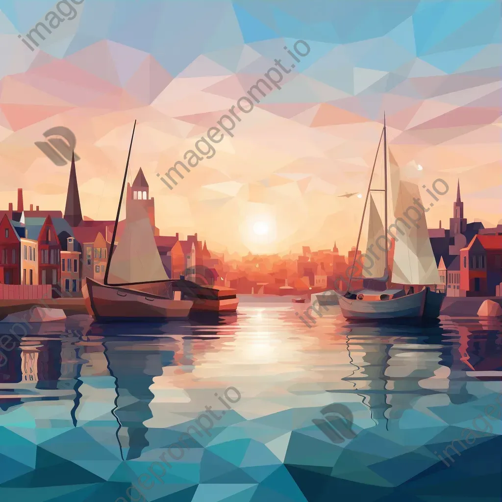 Low poly digital representation of a serene coastal city during dusk - Image 3