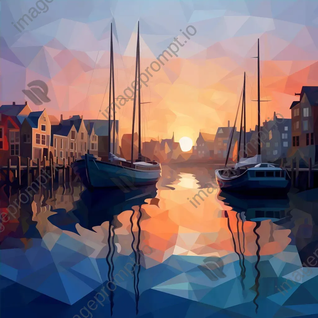 Low poly digital representation of a serene coastal city during dusk - Image 4