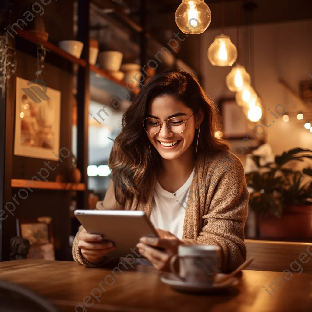 Woman using a tablet for finance in a cozy cafe - Image 1