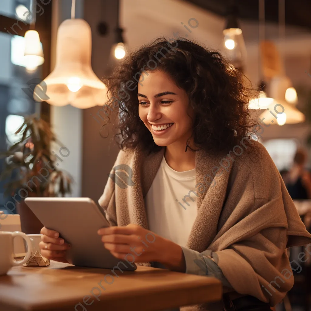 Woman using a tablet for finance in a cozy cafe - Image 2