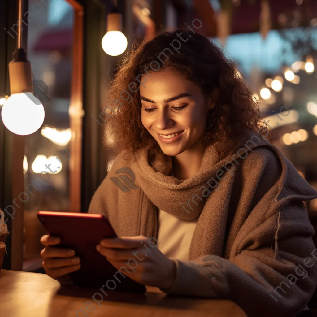 Woman using a tablet for finance in a cozy cafe - Image 3