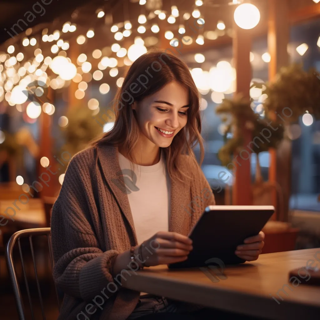 Woman using a tablet for finance in a cozy cafe - Image 4