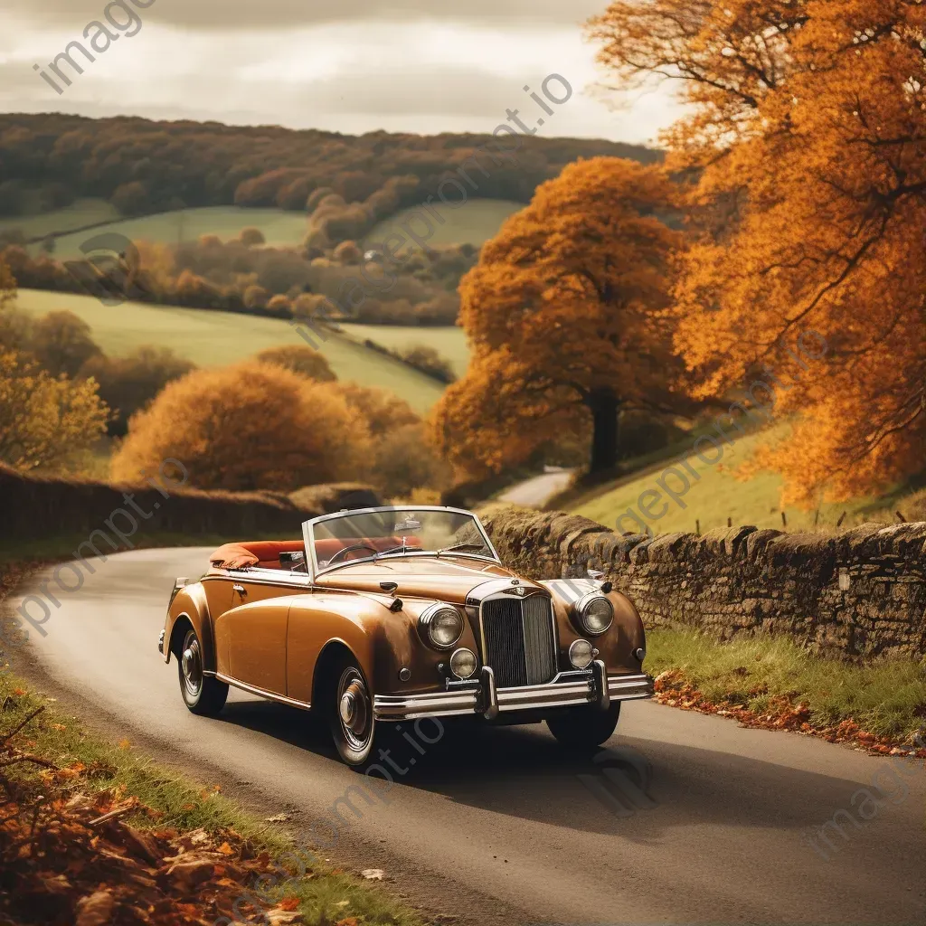 Classic convertible car in a scenic countryside with autumn leaves - Image 1