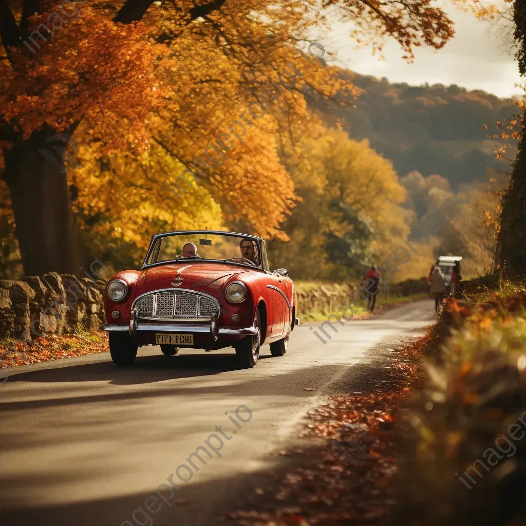 Classic convertible car in a scenic countryside with autumn leaves - Image 2