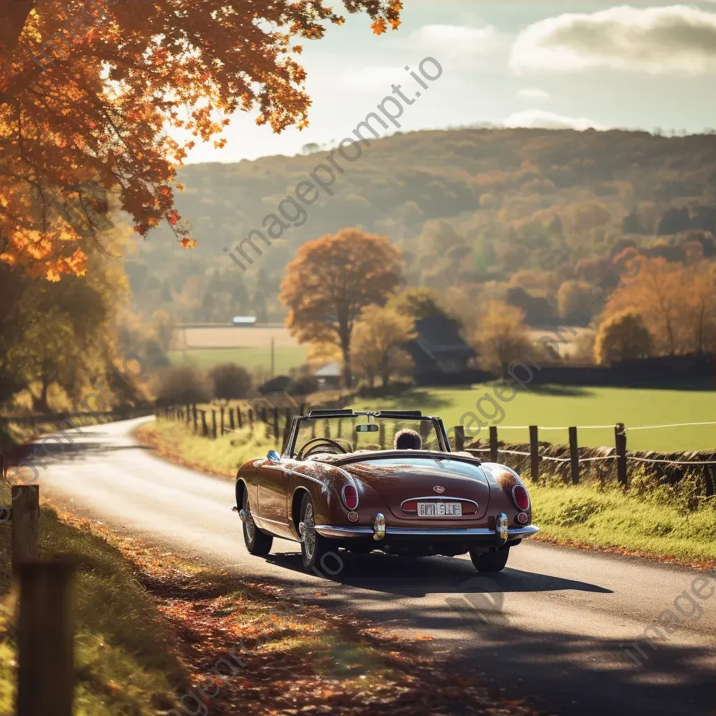 Classic convertible car in a scenic countryside with autumn leaves - Image 3