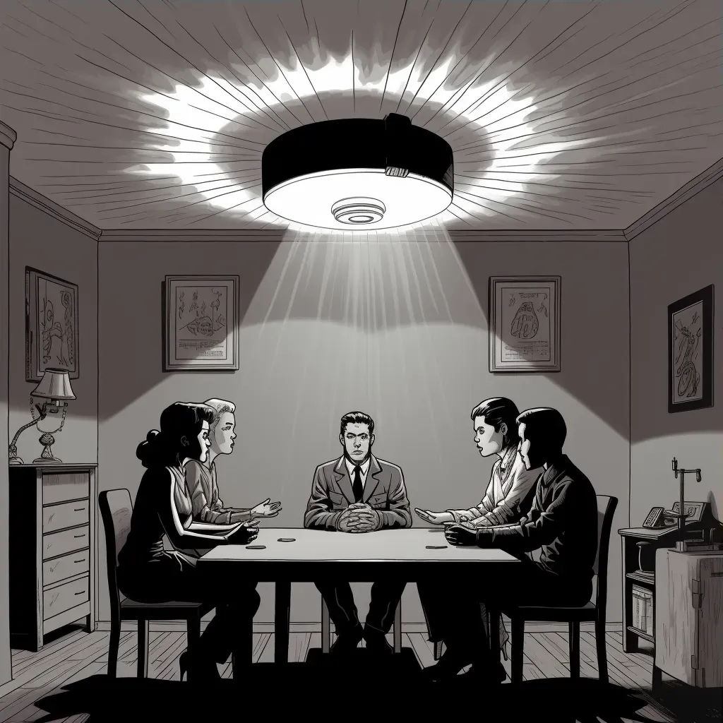 Dramatic illustration of an interrogation in a sparse room - Image 3