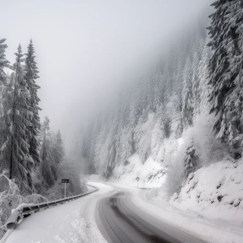 Illustration of a snowstorm in a mountain pass with heavy snow covering the trees and road. - Image 1