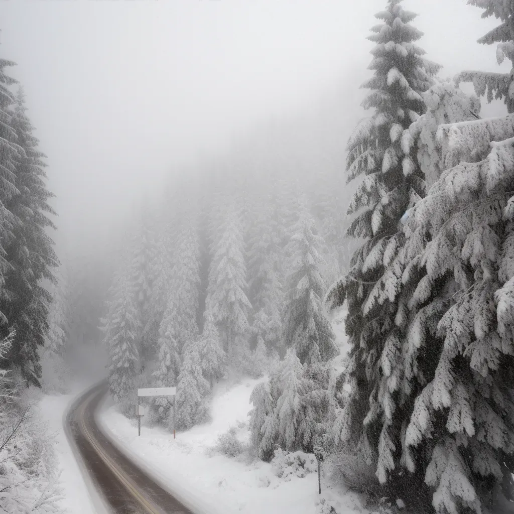 Illustration of a snowstorm in a mountain pass with heavy snow covering the trees and road. - Image 3