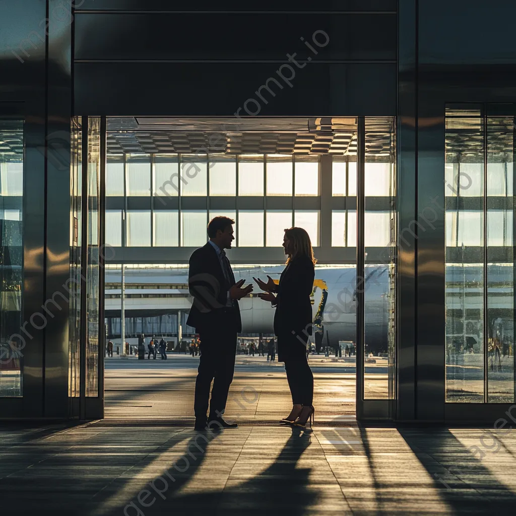 Business partners conversing outside airport terminal. - Image 2