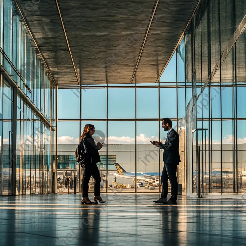 Business partners conversing outside airport terminal. - Image 3