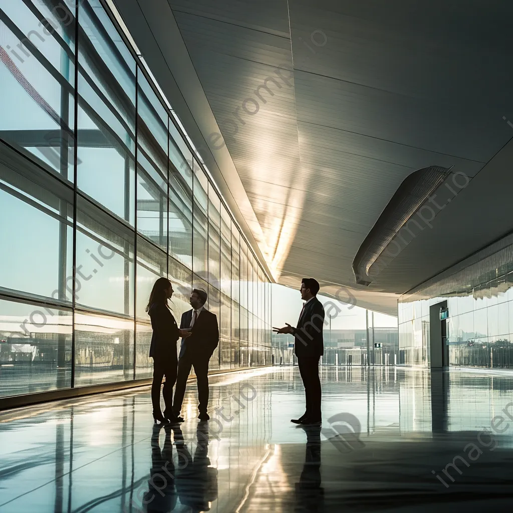 Business partners conversing outside airport terminal. - Image 4