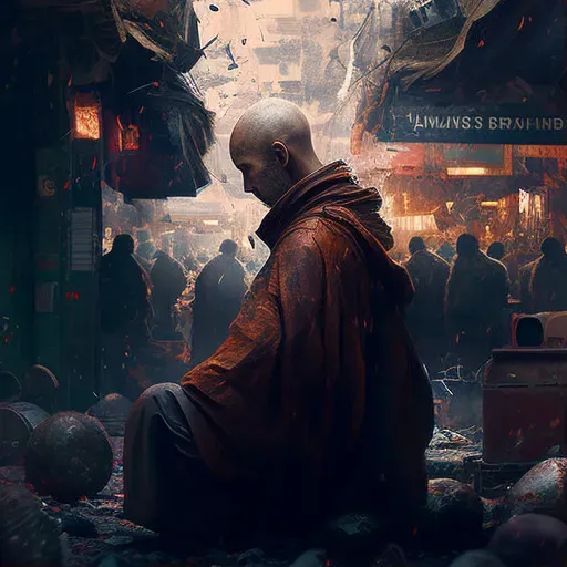 Meditating monk in busy market - Image 1