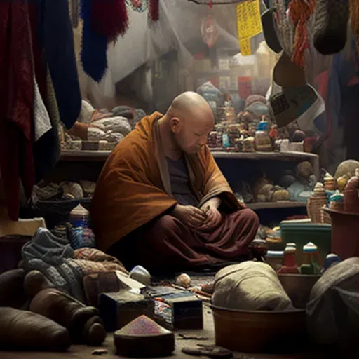 Meditating monk in busy market - Image 3