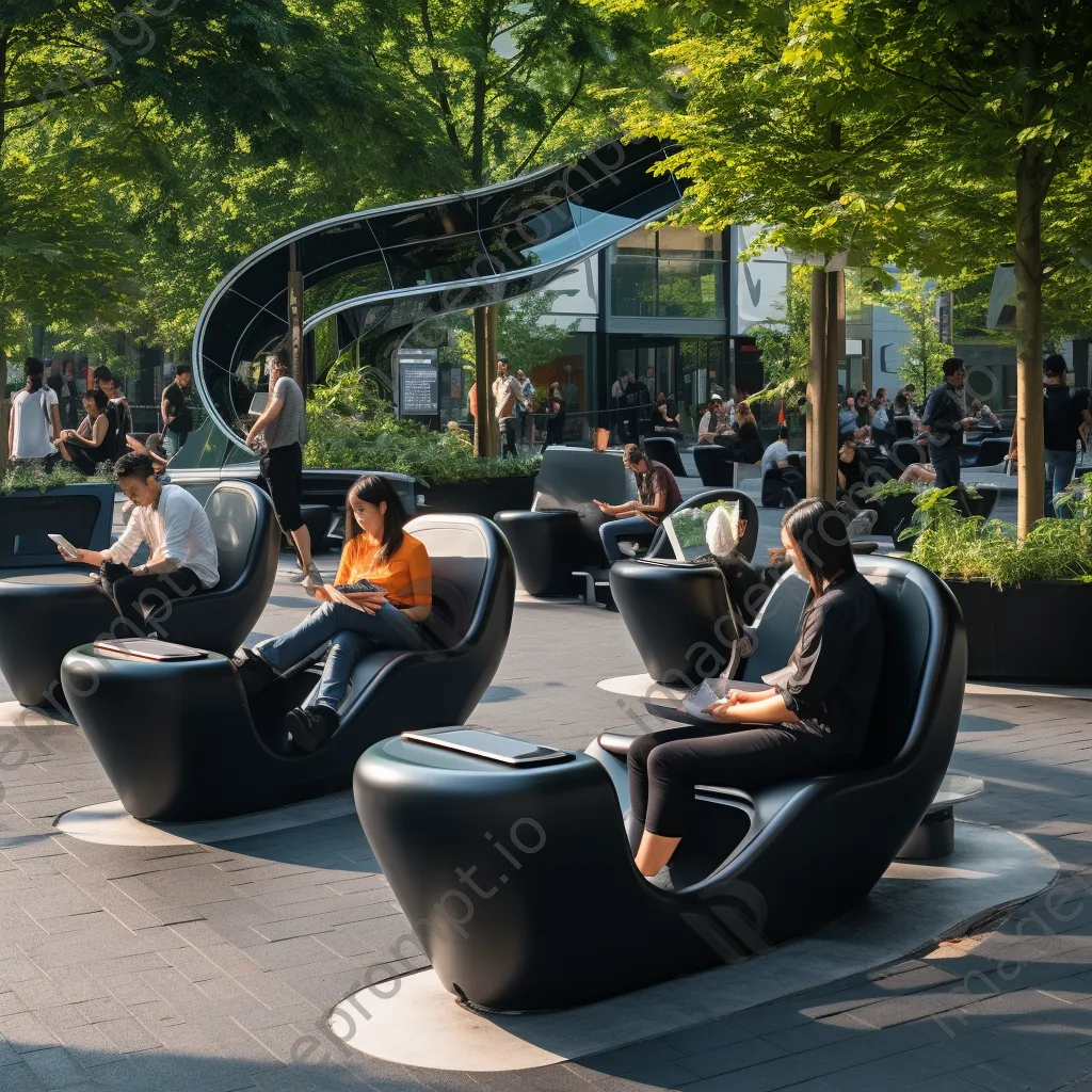 Visitors in an urban park with smart benches and charging stations - Image 1