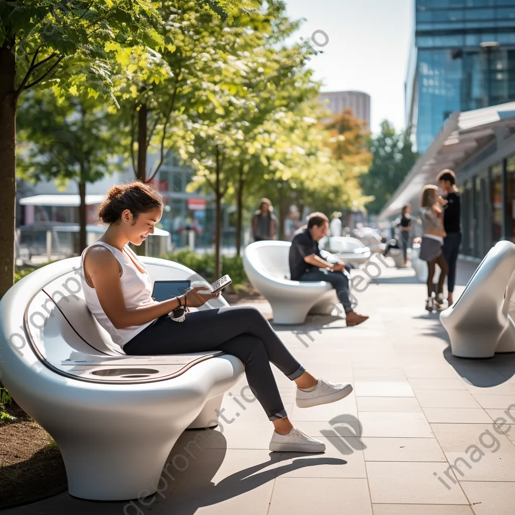 Visitors in an urban park with smart benches and charging stations - Image 4