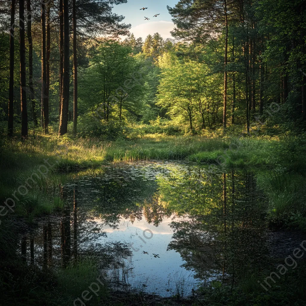 Woodland clearing with a pond and dragonflies hovering above. - Image 1