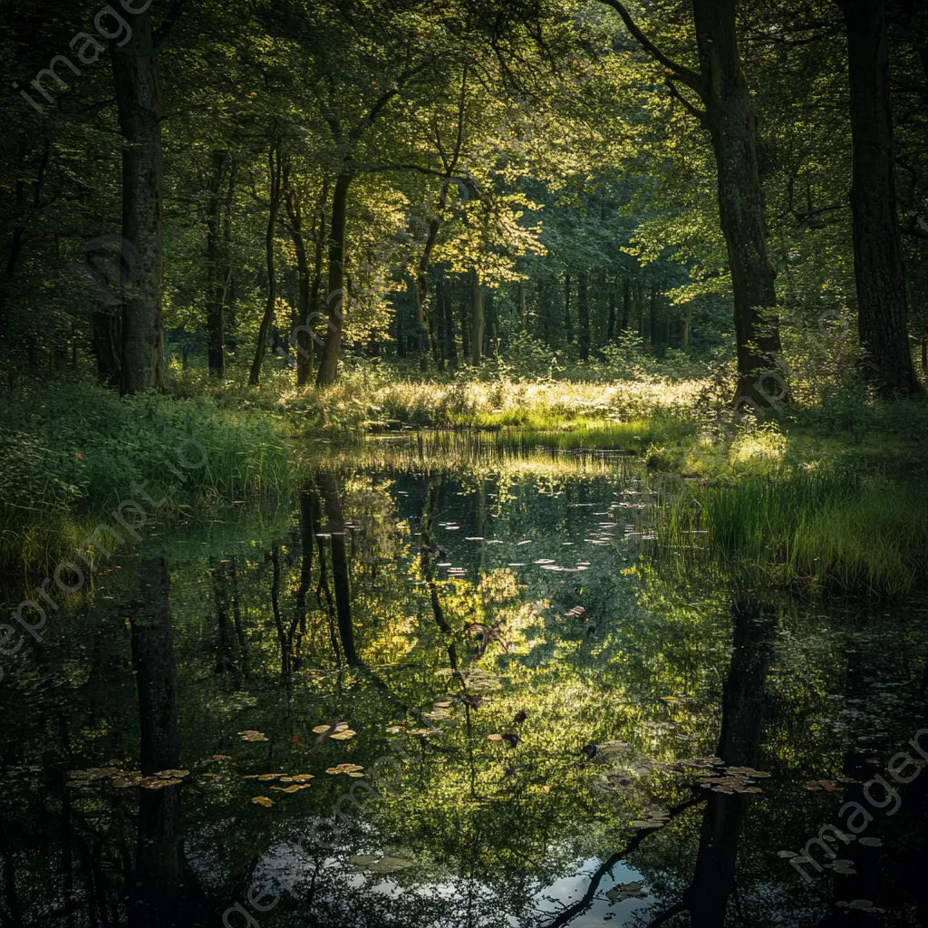 Woodland clearing with a pond and dragonflies hovering above. - Image 2