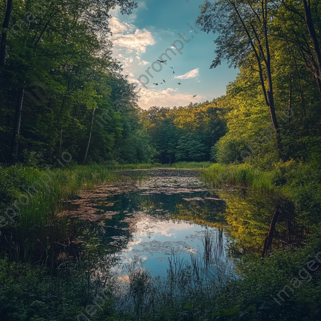 Woodland clearing with a pond and dragonflies hovering above. - Image 3