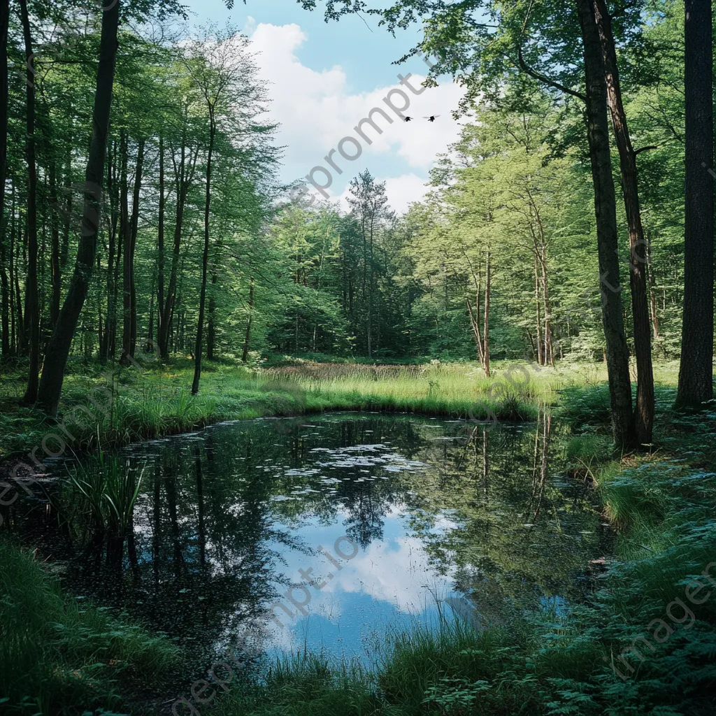 Woodland clearing with a pond and dragonflies hovering above. - Image 4