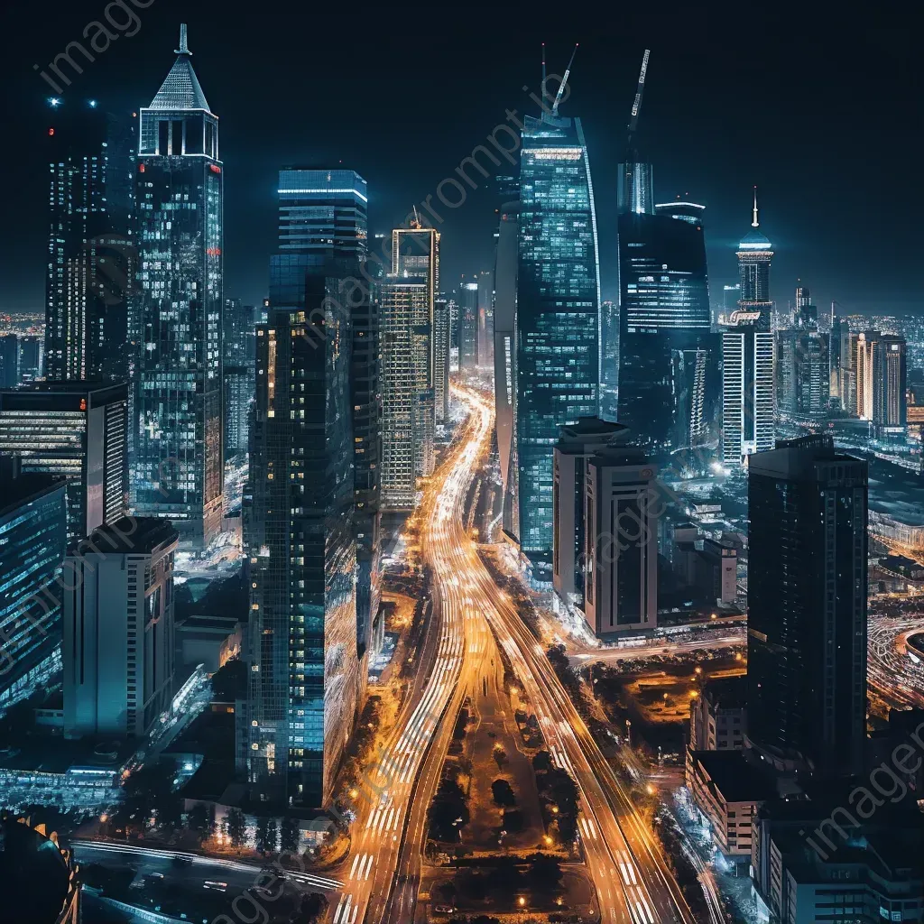 Cityscape at night with illuminated skyscrapers - Image 1