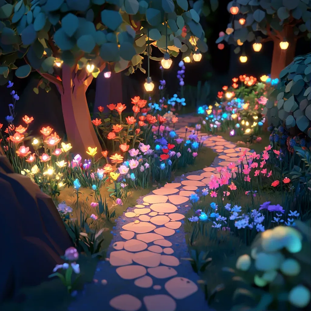 Low poly isometric view of an enchanted garden with luminous flowers - Image 1