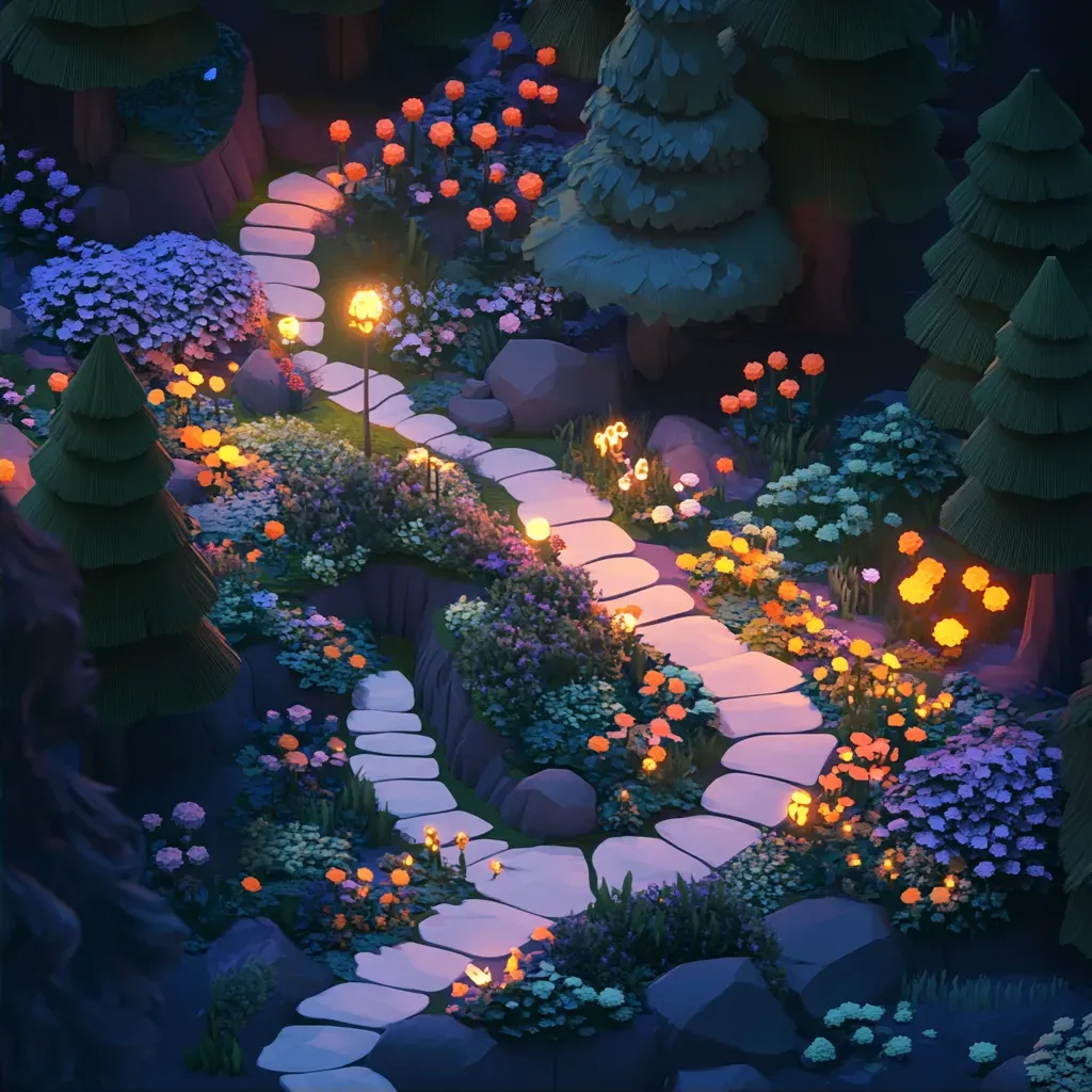 Low poly isometric view of an enchanted garden with luminous flowers - Image 2