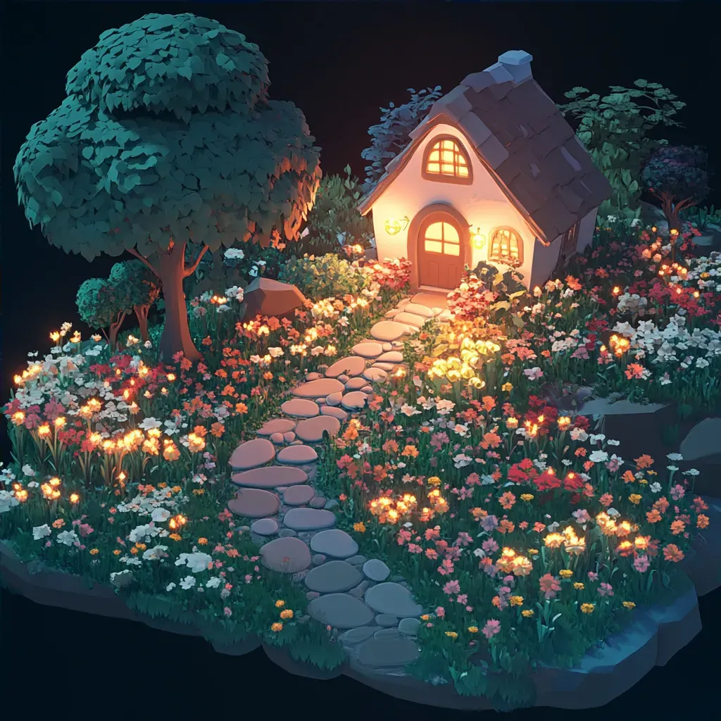 Low poly isometric view of an enchanted garden with luminous flowers - Image 4