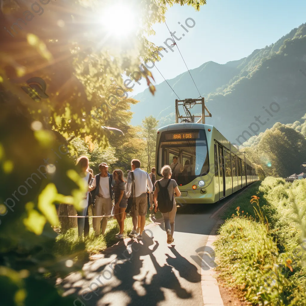 Tourists boarding a tram in a scenic area with mountains in the background. - Image 1