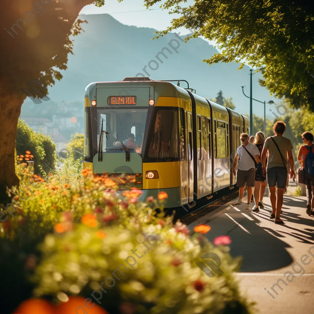 Tourists boarding a tram in a scenic area with mountains in the background. - Image 2