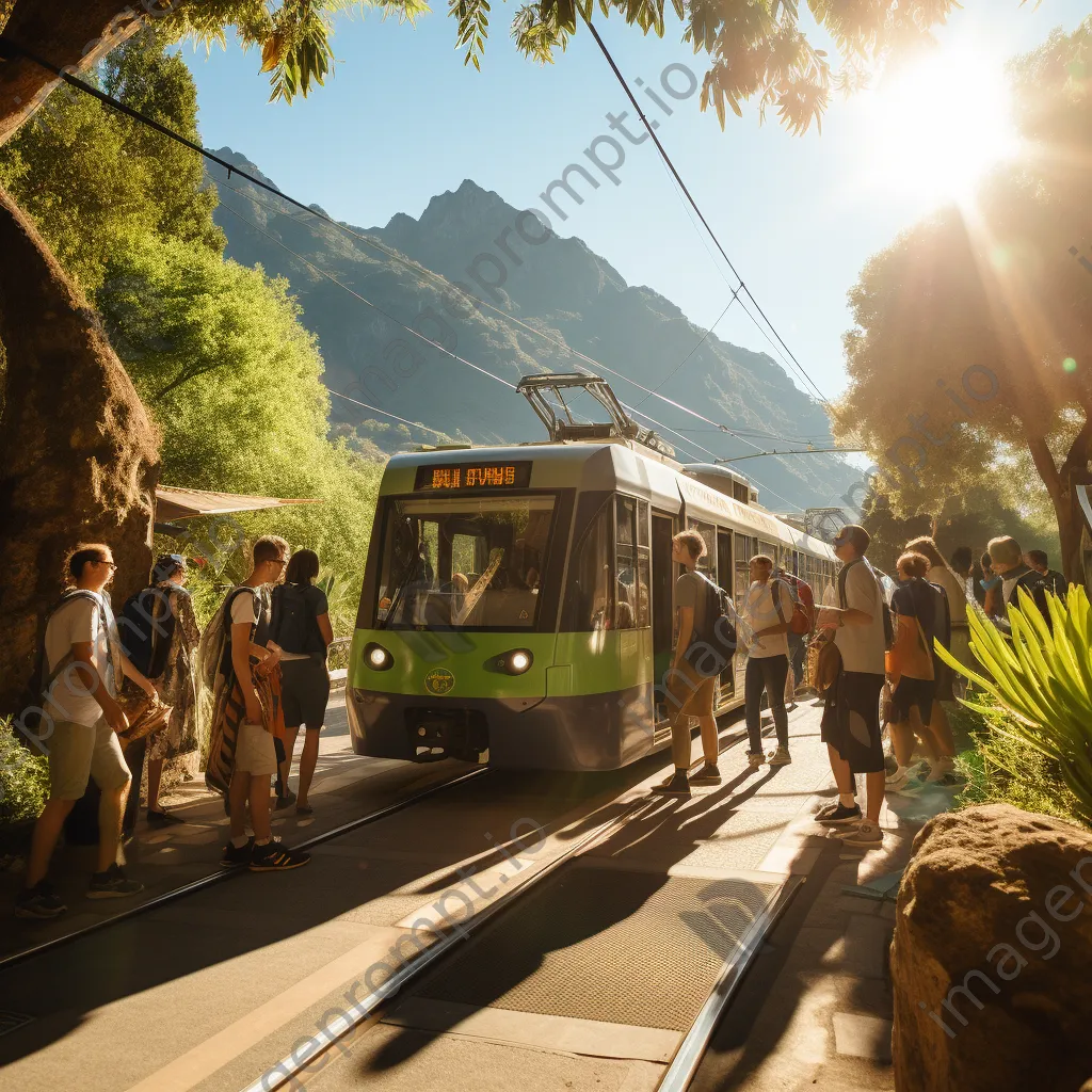 Tourists boarding a tram in a scenic area with mountains in the background. - Image 3